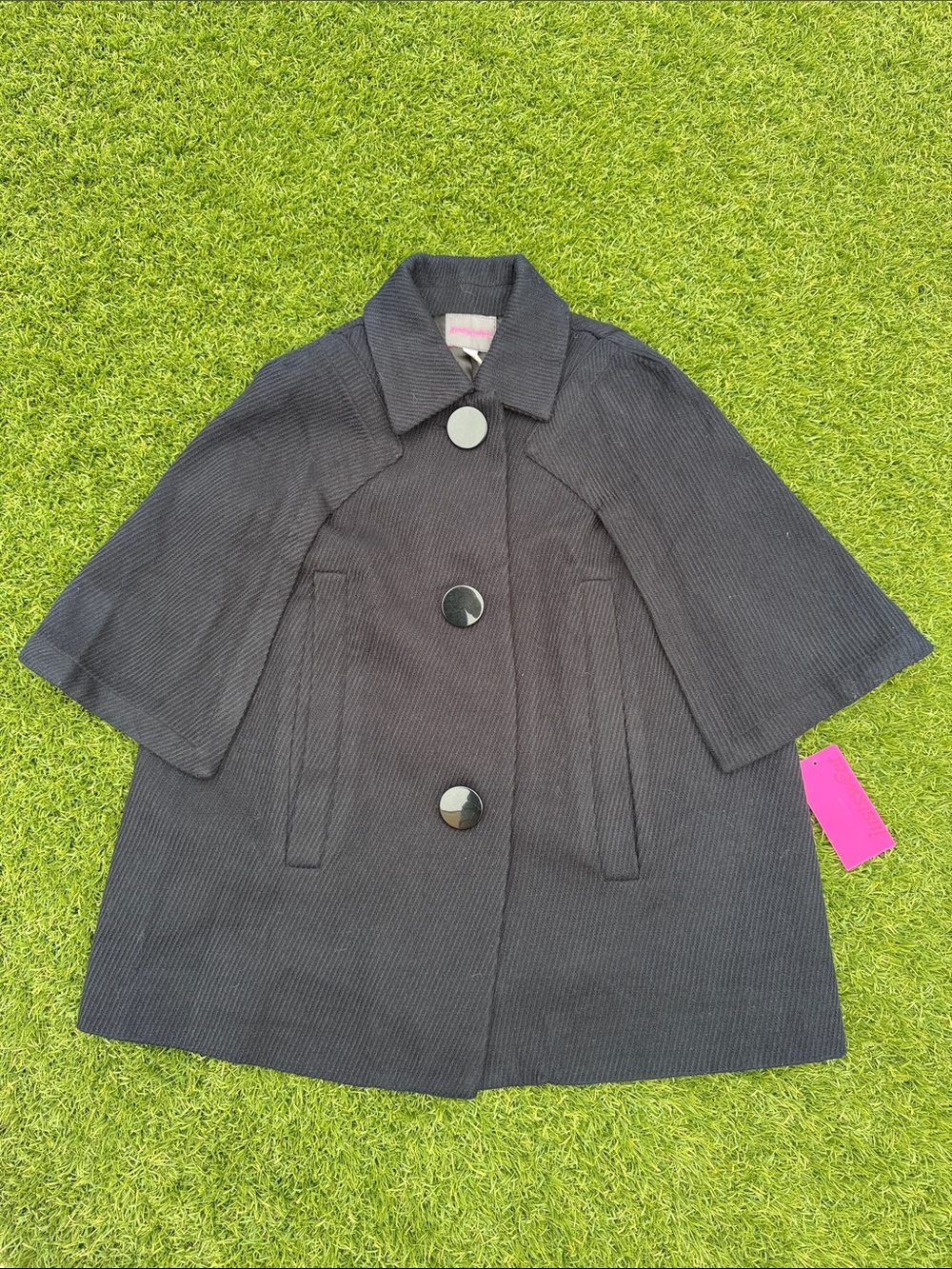 Short Black Cape Coat with Large Buttons